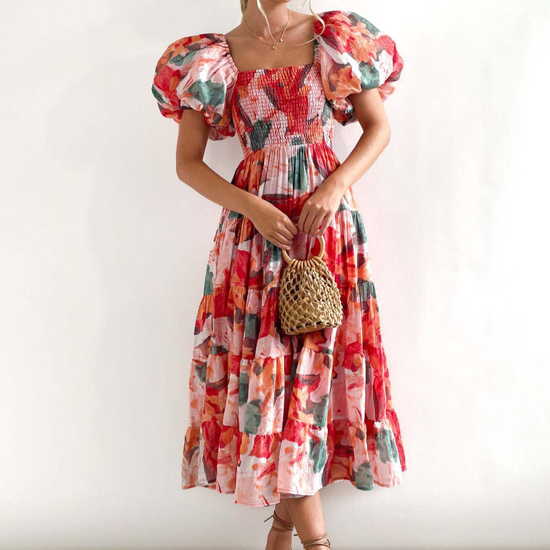Rochie Anovia rosie cu decolteu patrat si imprimeu floral