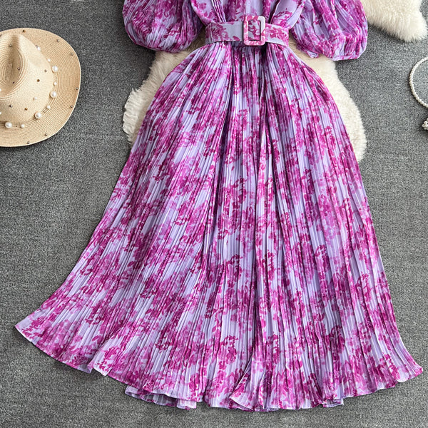 Rochie Galle mov cu imprimeu floral si pliuri