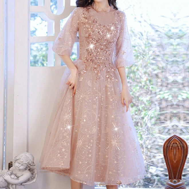 Rochie Karta midi  de eveniment cu aplicatii stralucitoare si tull