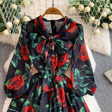 Rochie midi Liria cu imprimeu floral si funda