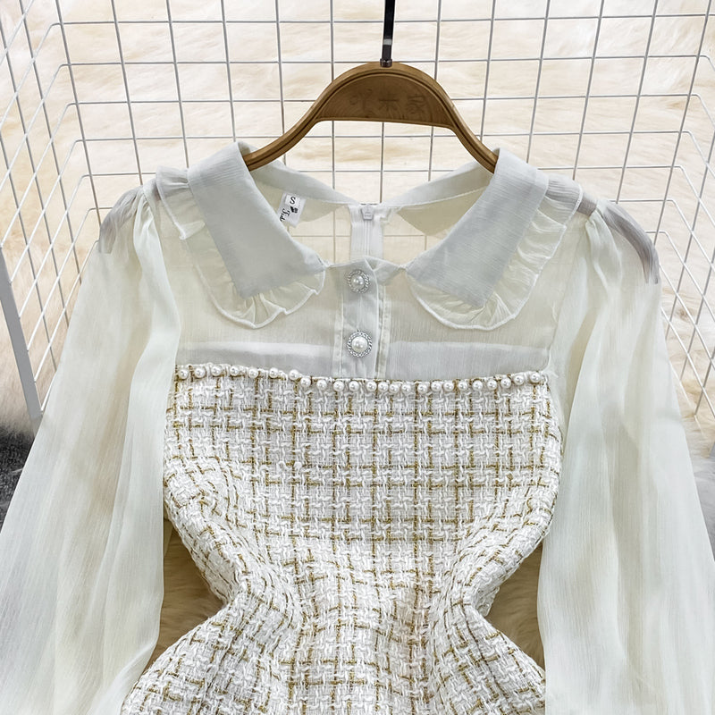 Rochie mini Raquel din tweed si maneci din chiffon
