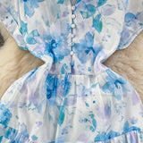 Rochie Brea albastra cu nasturi imbracati si imprimeu floral