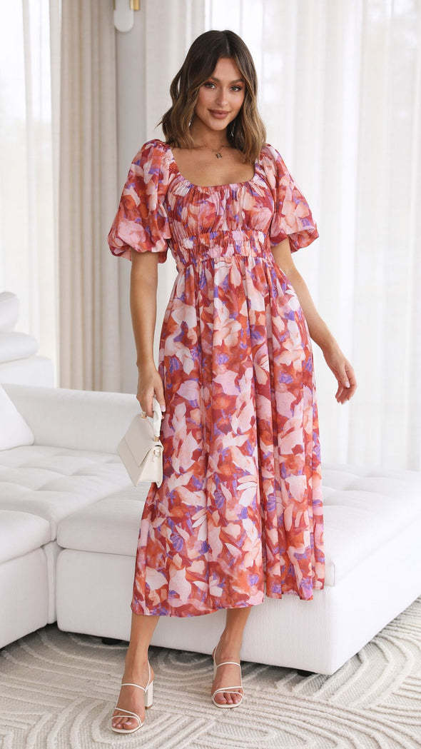 Rochie Nelle rosie cu imprimeu floral si decolteu patrat
