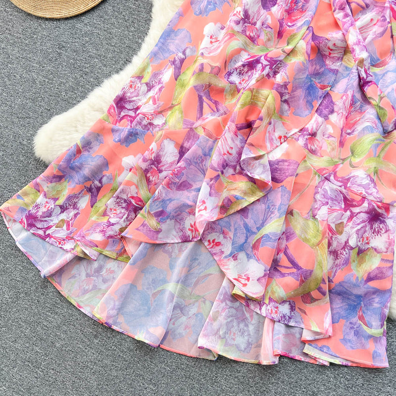 Rochie Gina portocalie cu decolteu in V si imprimeu floral