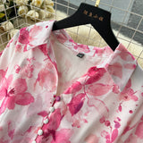 Rochie Brea roz cu nasturi imbracati si imprimeu floral