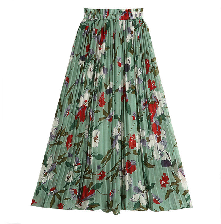 Fusta Victoria verde cu talie elastica si imprimeu floral