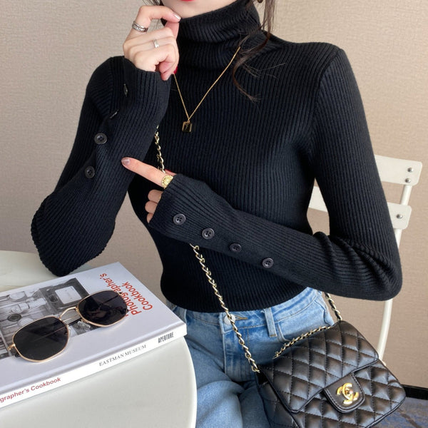 Bluza Raella neagra din tricot reiat cu nasturi la mansete