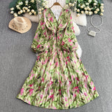 Rochie midi plisata Hoja, imprimeu frunze