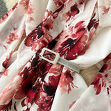 Rochie Tulia rosie cu imprimeu floral si curea accesorizata