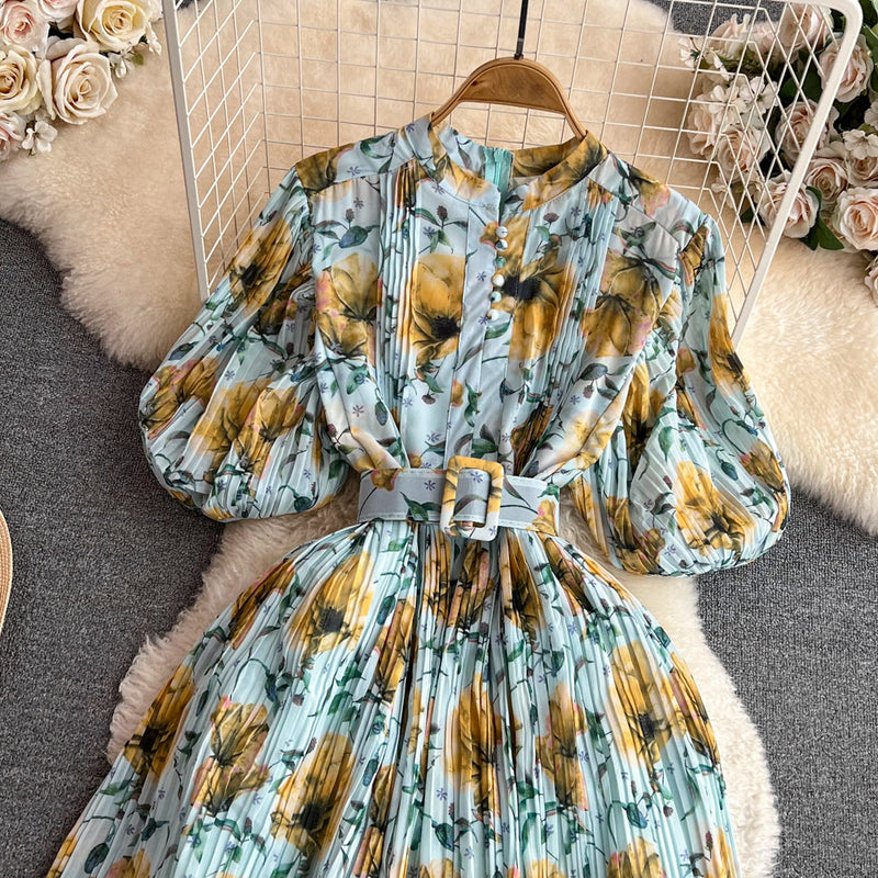 Rochie Galle albastra cu imprimeu floral si pliuri