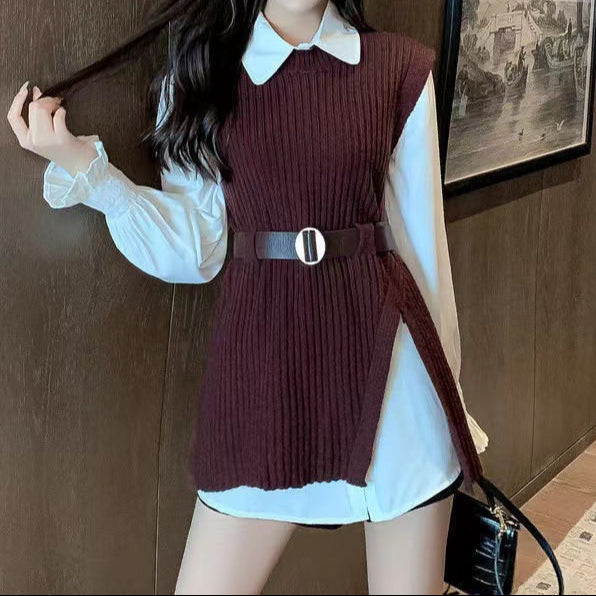 Set Mionna maro compus din camasa si vesta din tricot