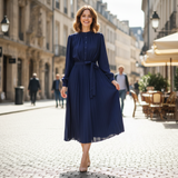 Rochie Codrinne bleumarin plisata, cu nasturi in fata si cordon accesorizat