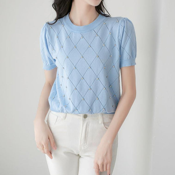 Tricou Sophia albastru cu accesorizat cu pietre