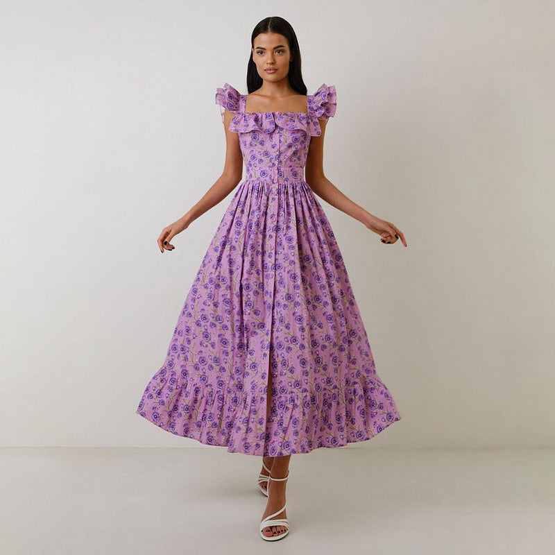 Rochie Ezora mov cu bretele si imprimeu floral
