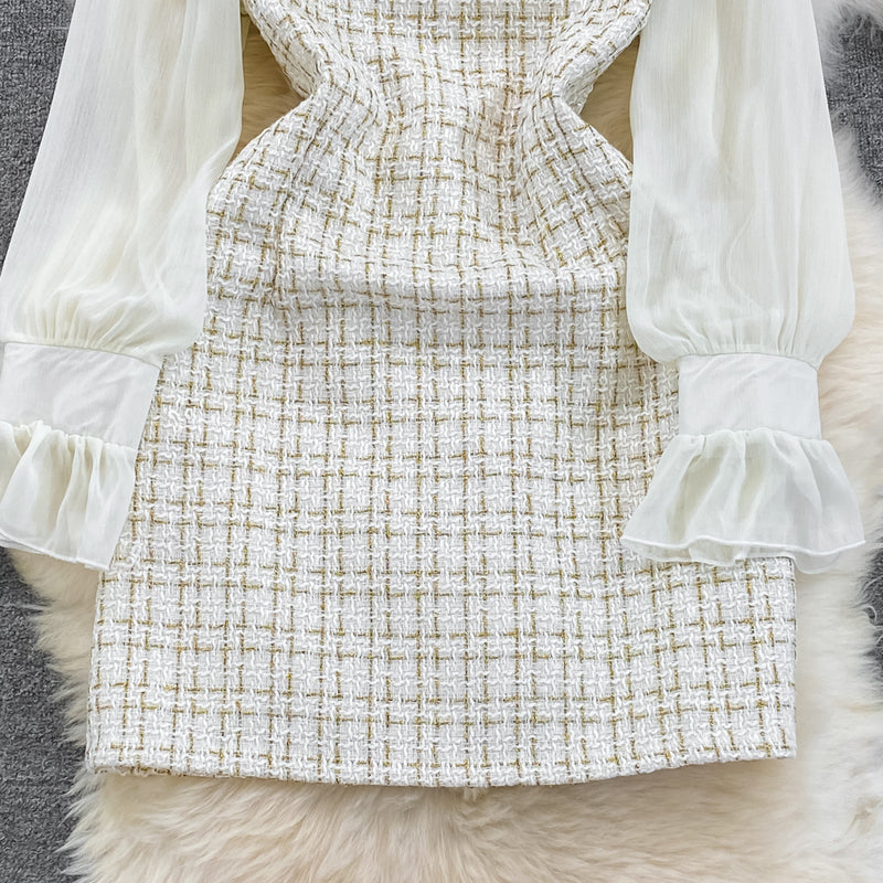Rochie mini Raquel din tweed si maneci din chiffon