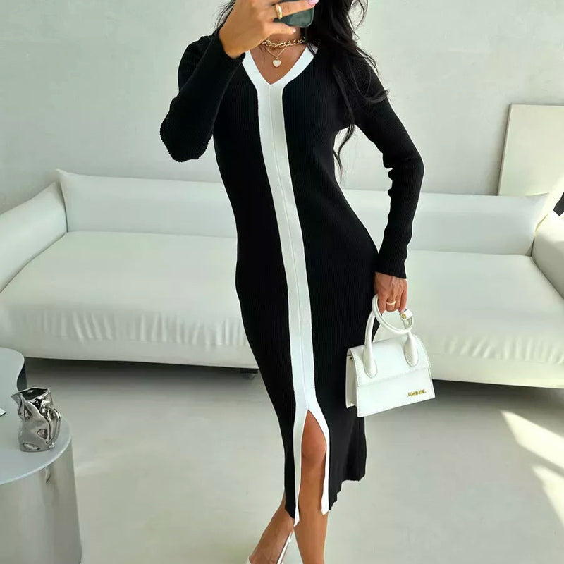 Rochie Alexia din tricot cu model bandă albă verticala