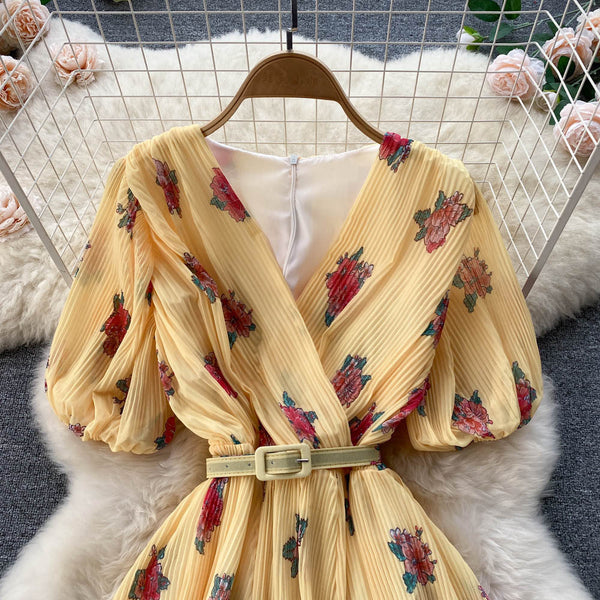 Rochie Echim galbena cu pliuri si imprimeu floral
