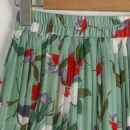Fusta Victoria verde cu talie elastica si imprimeu floral