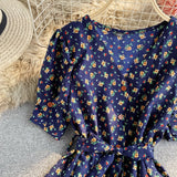 Rochie Arcelia bleumarin cu imprimeu floral si cordon accesorizat