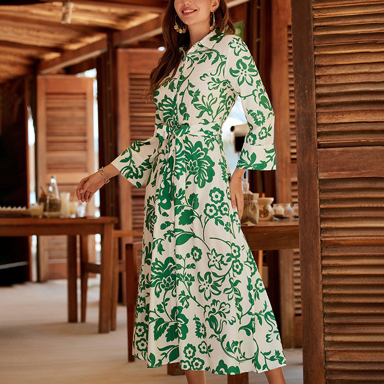 Rochie Orli verde tip camasa cu imprimeu floral si cordon accesorizat