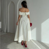 Rochie midi Esfera cu umeri goi, imprimeu buline