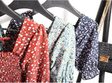 Rochie Danisha verde deschis cu imprimeu floral, decolteu patrat si maneci scurte, bufante