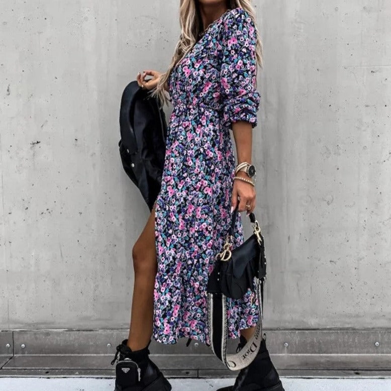 Rochie Naya cu imprimeu floral si nasturi imbracati