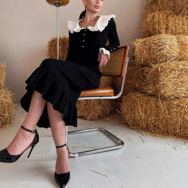 Rochie Asimera din tricot cu guler lat si nasturi perlute