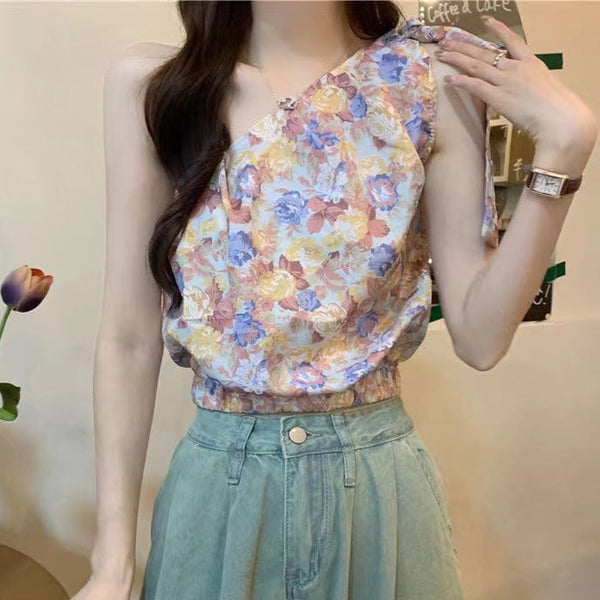 Top Iris asimetric galben cu panglica reglabila la umar