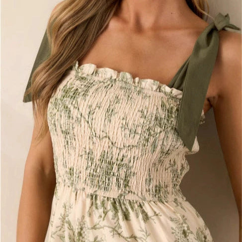 Rochie Soraya cu bretele tip fundita si imprimeu floral