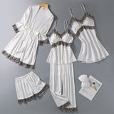 Set pijama Nergis alb din tesatura satinata si dantela - 5 piese