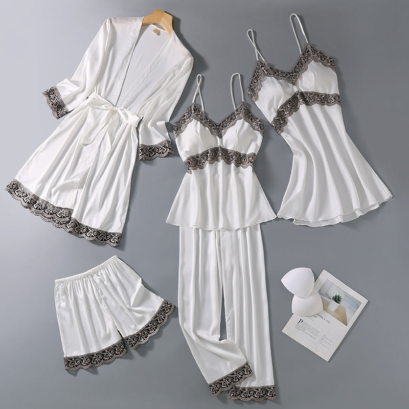 Set pijama Nergis alb din tesatura satinata si dantela - 5 piese