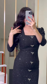 Rochie Lady tip sirena, din tweed cu fundite si dantela