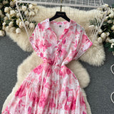 Rochie Brea roz cu nasturi imbracati si imprimeu floral
