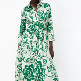 Rochie Orli verde tip camasa cu imprimeu floral si cordon accesorizat