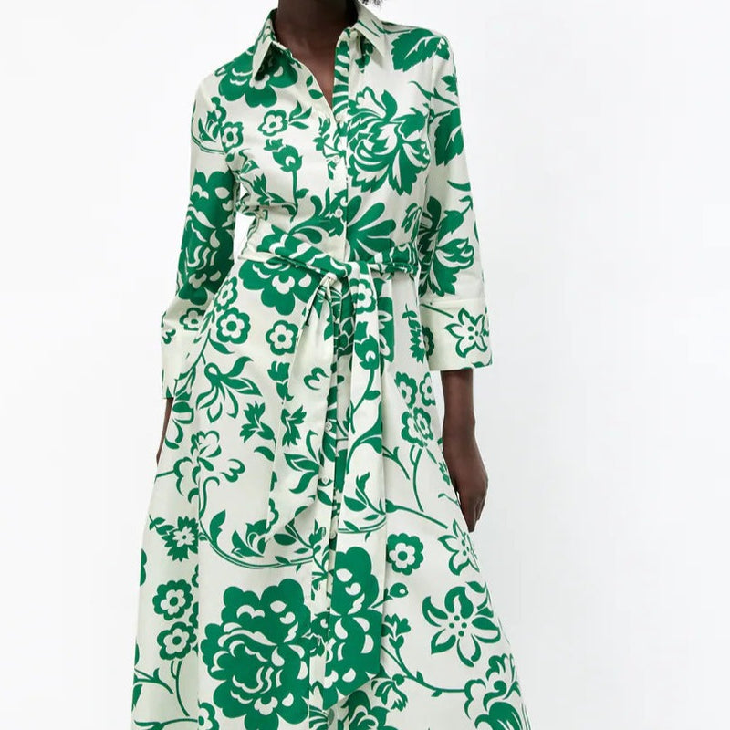 Rochie Orli verde tip camasa cu imprimeu floral si cordon accesorizat