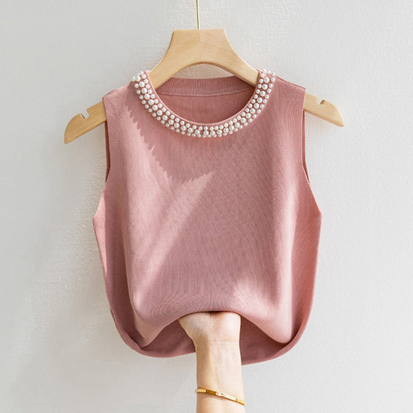 Top Kaelis din tricot cu perle la baza decolteului