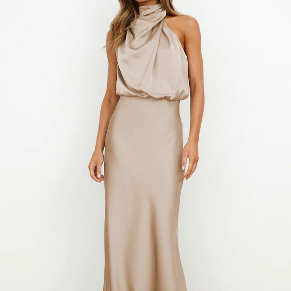 Rochie Clara crem din satin, cu fermoar ascuns la spate