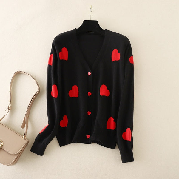 Cardigan Zizan rosu-negru din tricot fin, imprimat cu inimioare