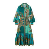 Rochie camasa Greza imprimeu retro si cordon in talie
