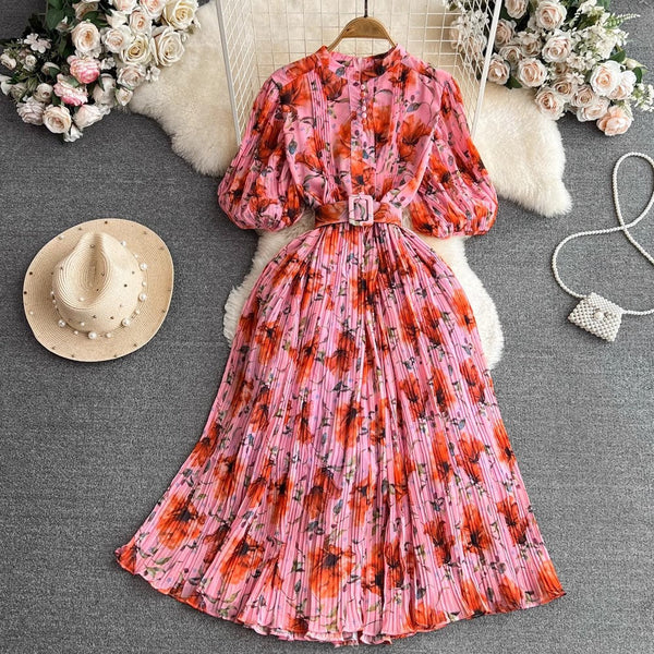 Rochie Galle roz cu flori portocalii cu imprimeu floral si pliuri