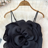 Top Hadley negru cu bretele si floare tridimensionala