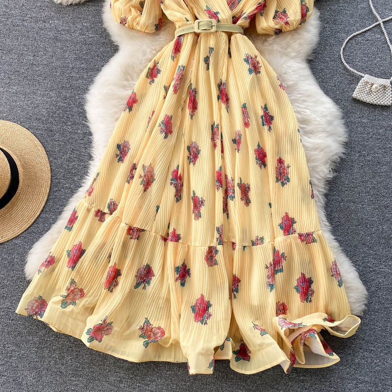 Rochie Echim galbena cu pliuri si imprimeu floral