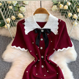 Rochie tricotata Arissa cu perle, fundita si guler lat