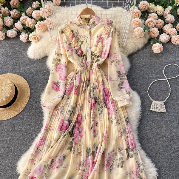 Rochie Miliona galbena cu imprimeu floral si volanase