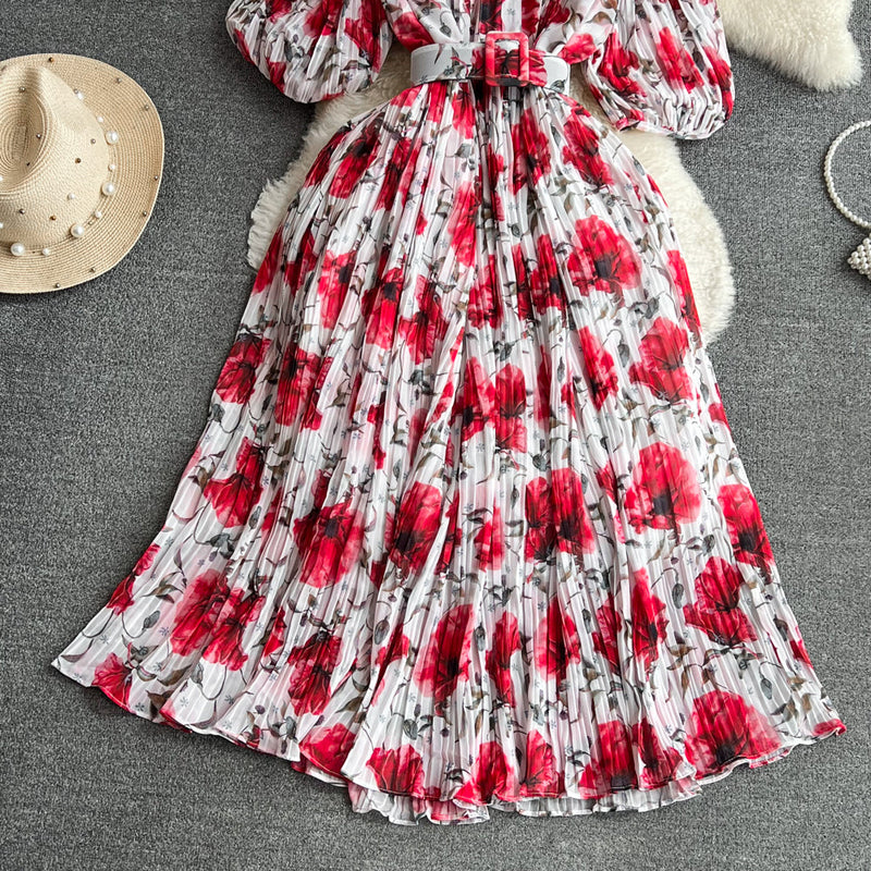 Rochie Galle alba cu imprimeu floral si pliuri