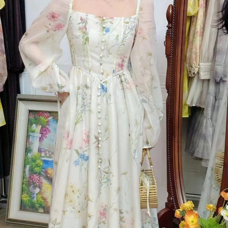 Rochie Fauna cu imprimeu floral si nasturi imbracati