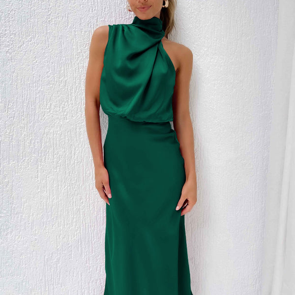 Rochie Clara verde din satin, cu fermoar ascuns la spate