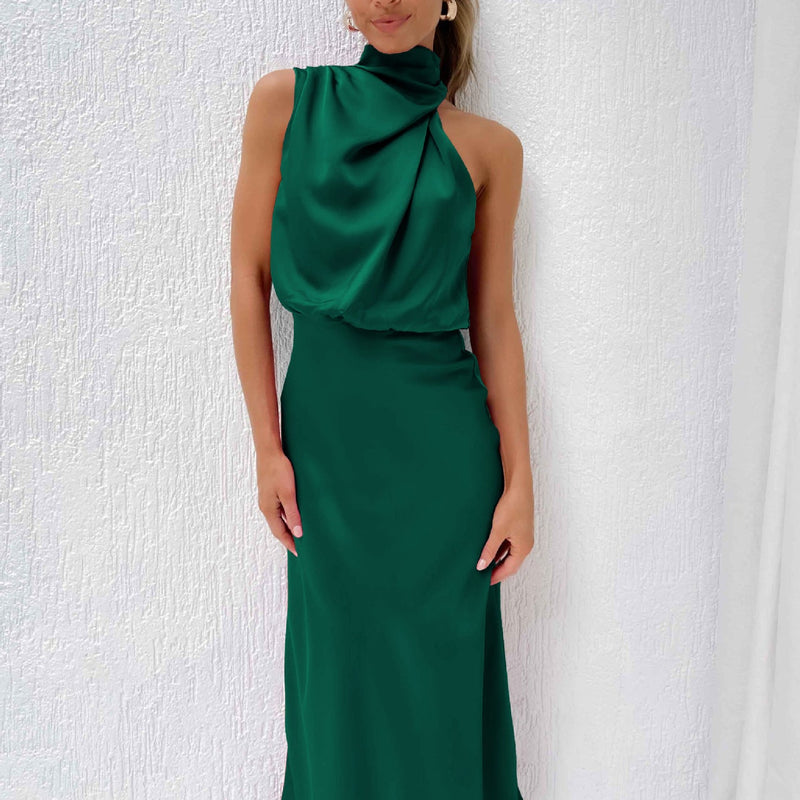 Rochie Clara verde din satin, cu fermoar ascuns la spate