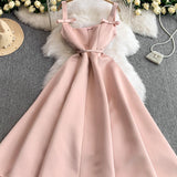 Rochie Maddy cu bretele late cu funde si talie accentuata